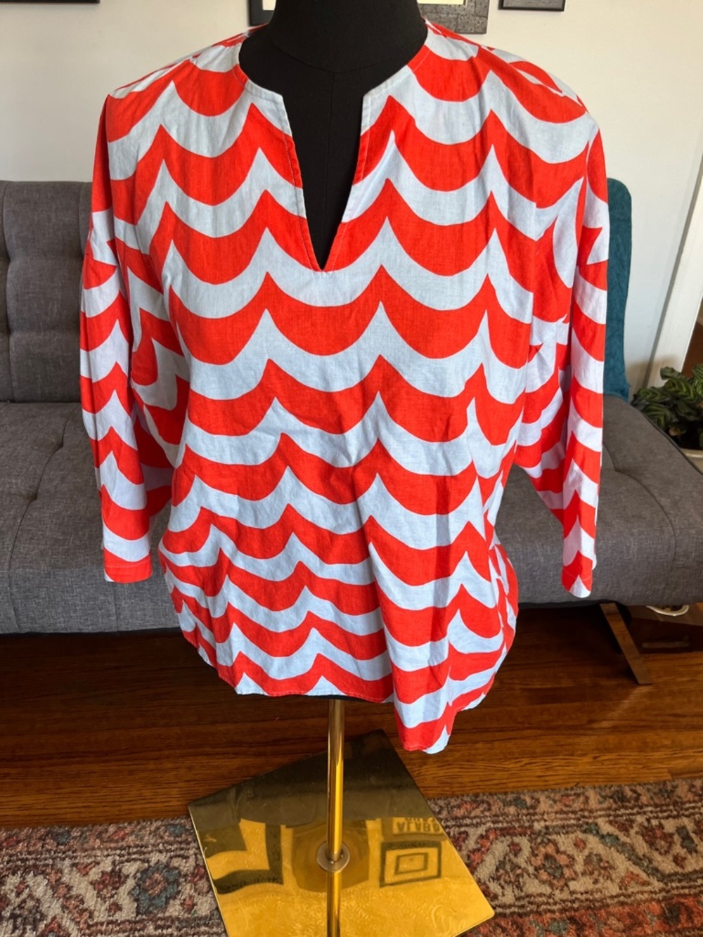 Marimekko x Uniqlo  Red and White Wave Print Blouse size S